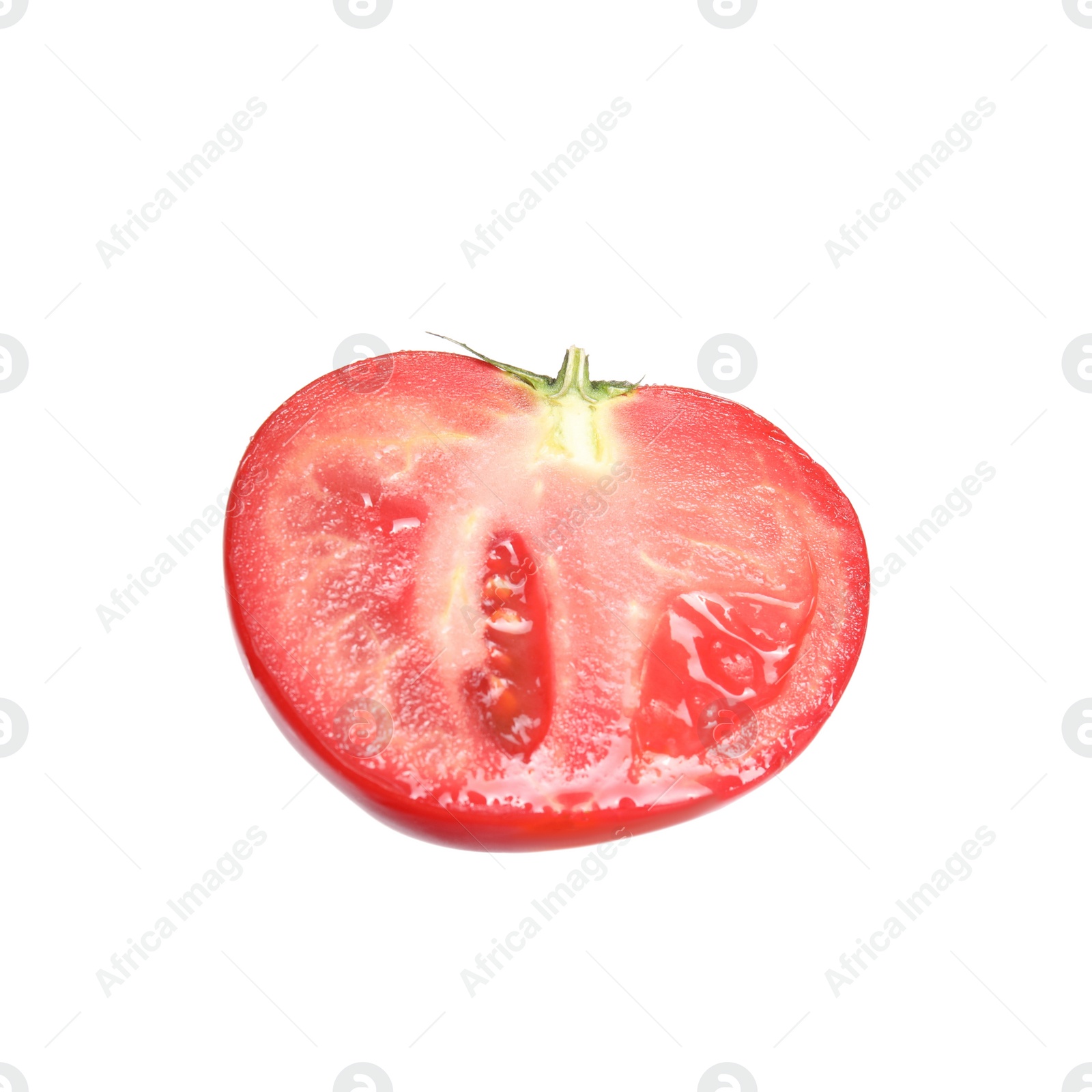 Photo of Half of ripe red tomato on white background