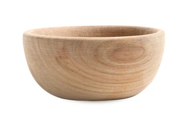Photo of Wooden bowl isolated on white. Cooking utensil