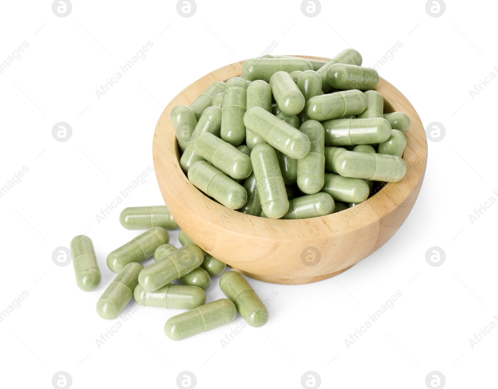 Photo of Vitamin capsules in bowl isolated on white. Health supplement