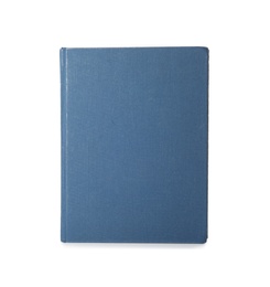 Book with blank blue cover on white background