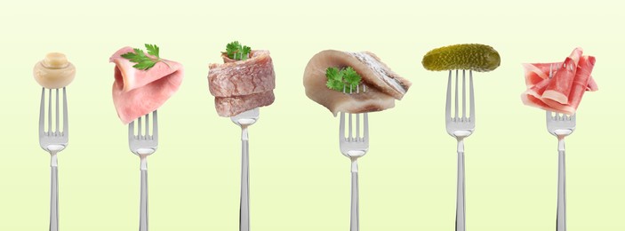 Image of Forks with different food products on color background, collection