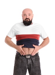 Fat man on white background. Weight loss