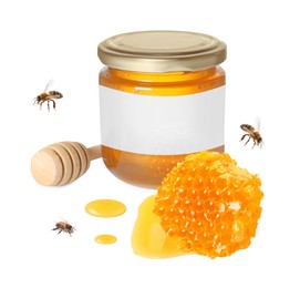 Image of Sweet honey in glass jar with blank label, honey dipper, piece of honeycomb and flying bees on white background. Mockup for design