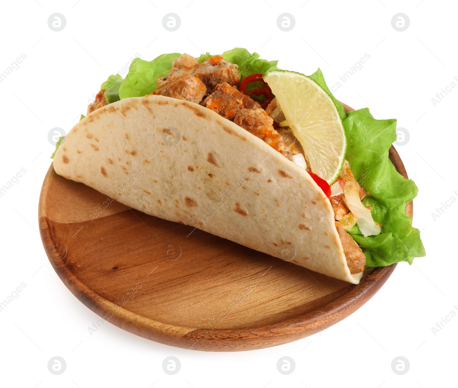 Photo of Delicious taco with meat, vegetables and slice of lime isolated on white