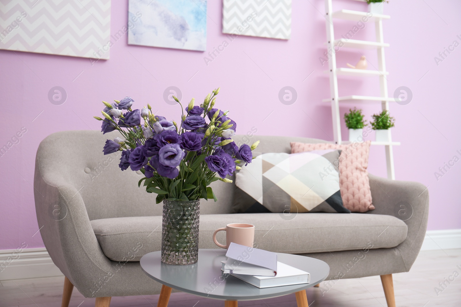 Photo of Modern living room interior with comfortable gray sofa near color wall