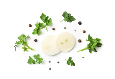 Flat lay composition with green parsley, pepper and onion on white background