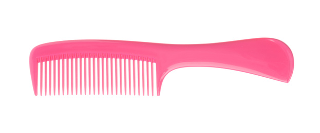 New pink hair comb isolated on white, top view