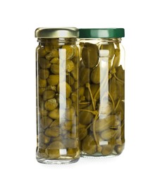 Photo of Capers in glass jars isolated on white