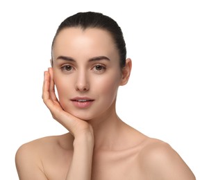 Portrait of beautiful young woman on white background