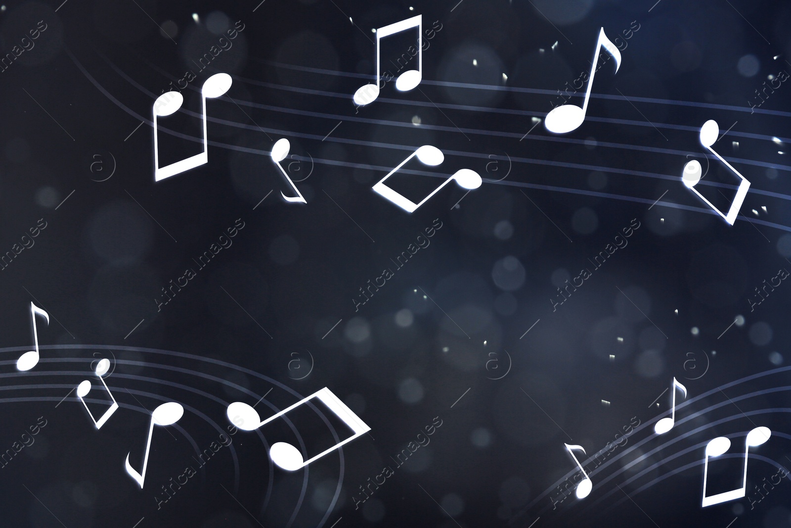 Image of Music notes flying on dark background, bokeh effect