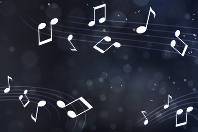 Music notes flying on dark background, bokeh effect