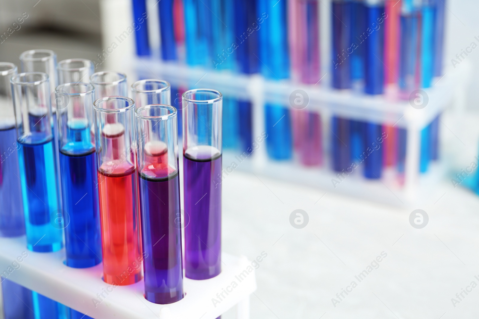 Photo of Test tubes with samples in chemistry laboratory, closeup. Space for text