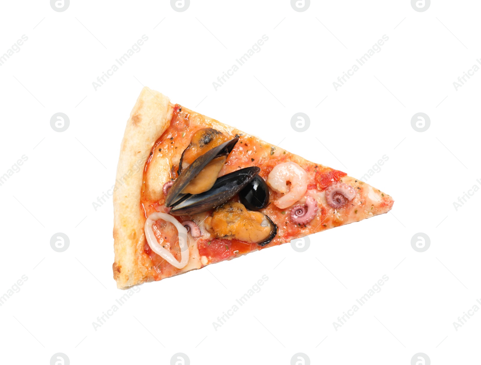 Photo of Slice of tasty pizza with seafood isolated on white, top view