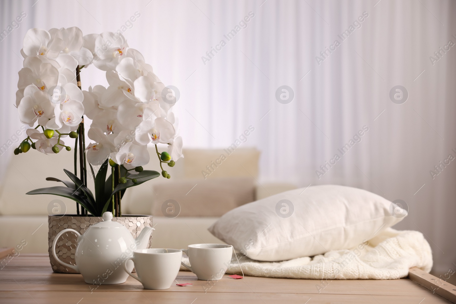 Photo of Beautiful orchid, teapot and cups of tea on table indoors