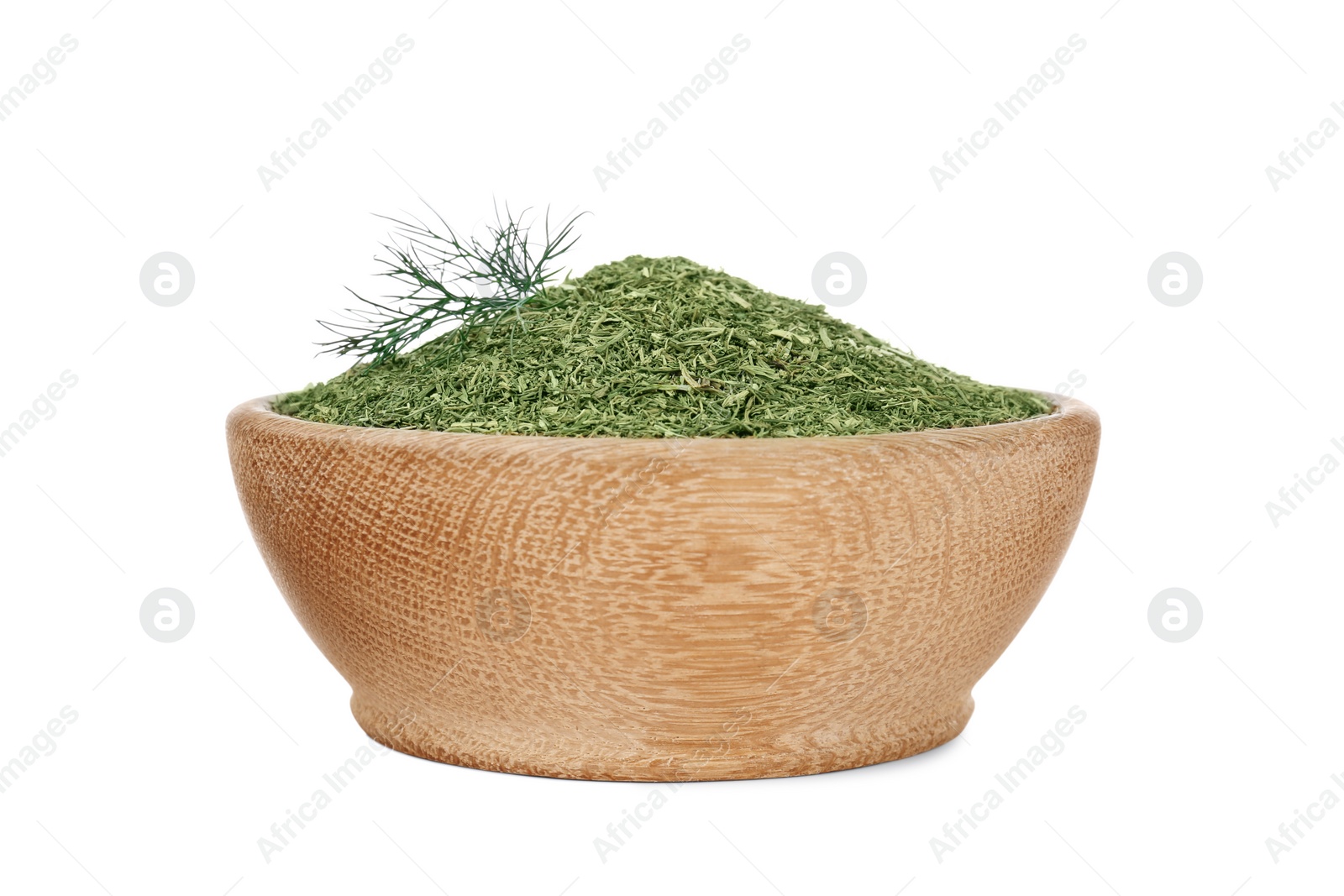 Photo of Bowl with aromatic dry dill on white background