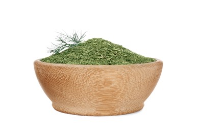 Bowl with aromatic dry dill on white background