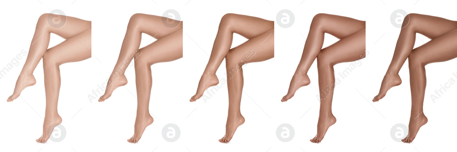 Image of Woman with beautiful legs on white background, closeup. Collage of photos showing stages of suntanning