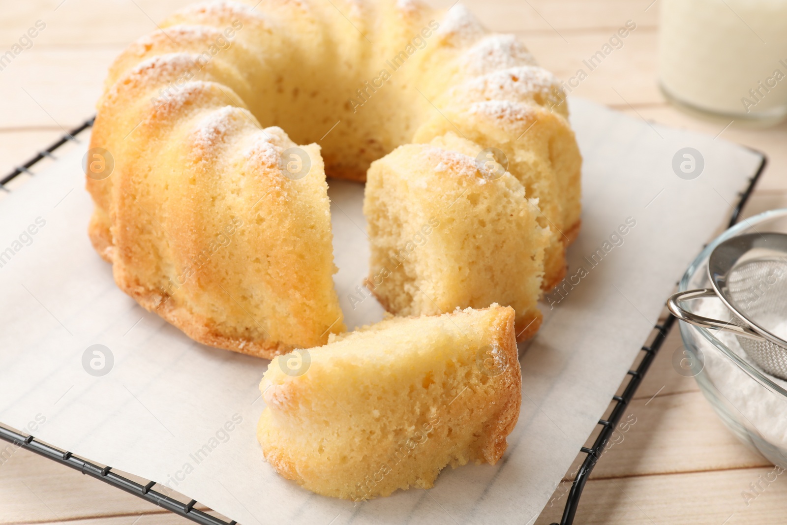 Photo of Delicious freshly baked sponge cake on table, closeup