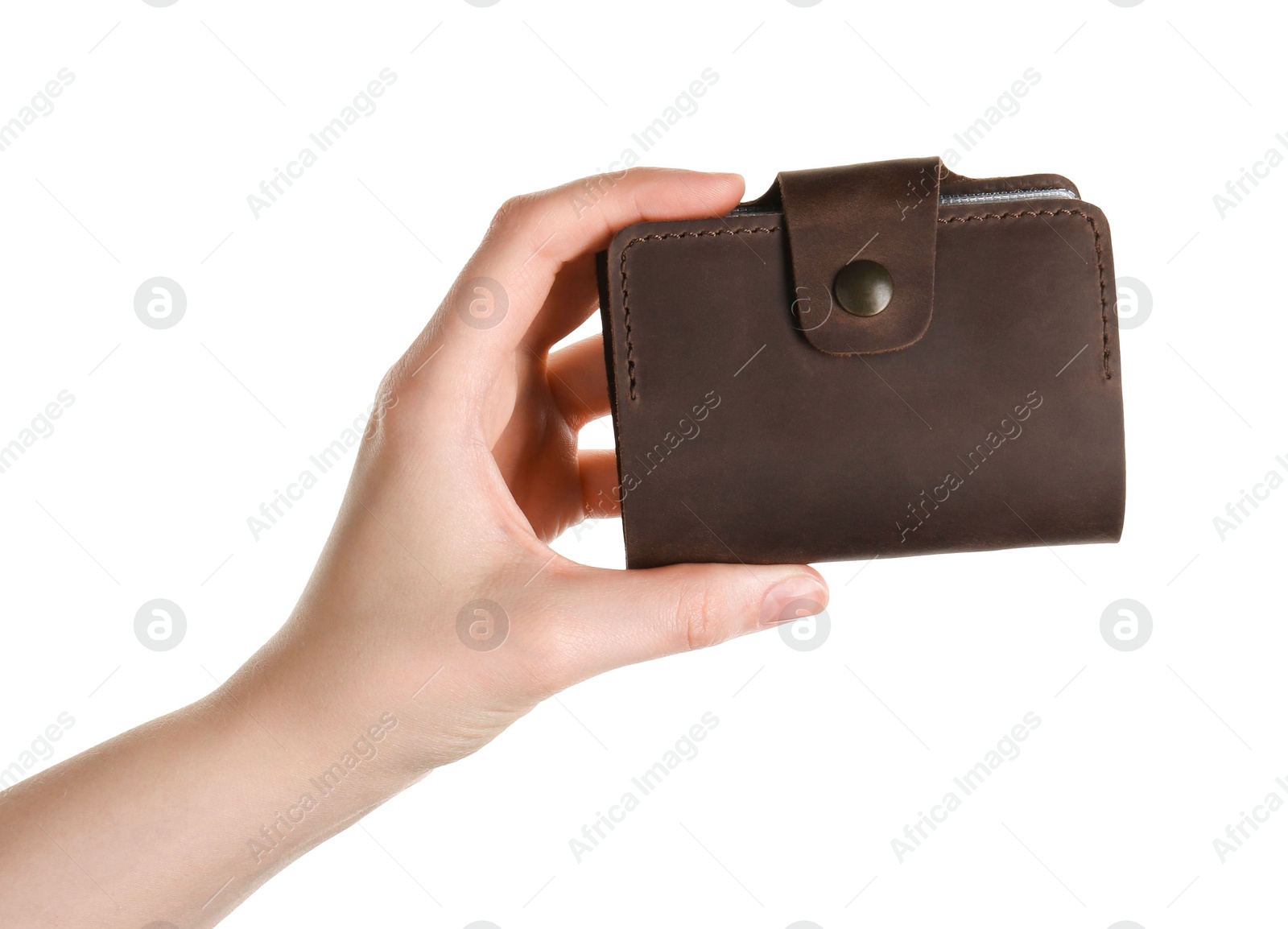 Photo of Woman holding leather business card holder on white background, closeup