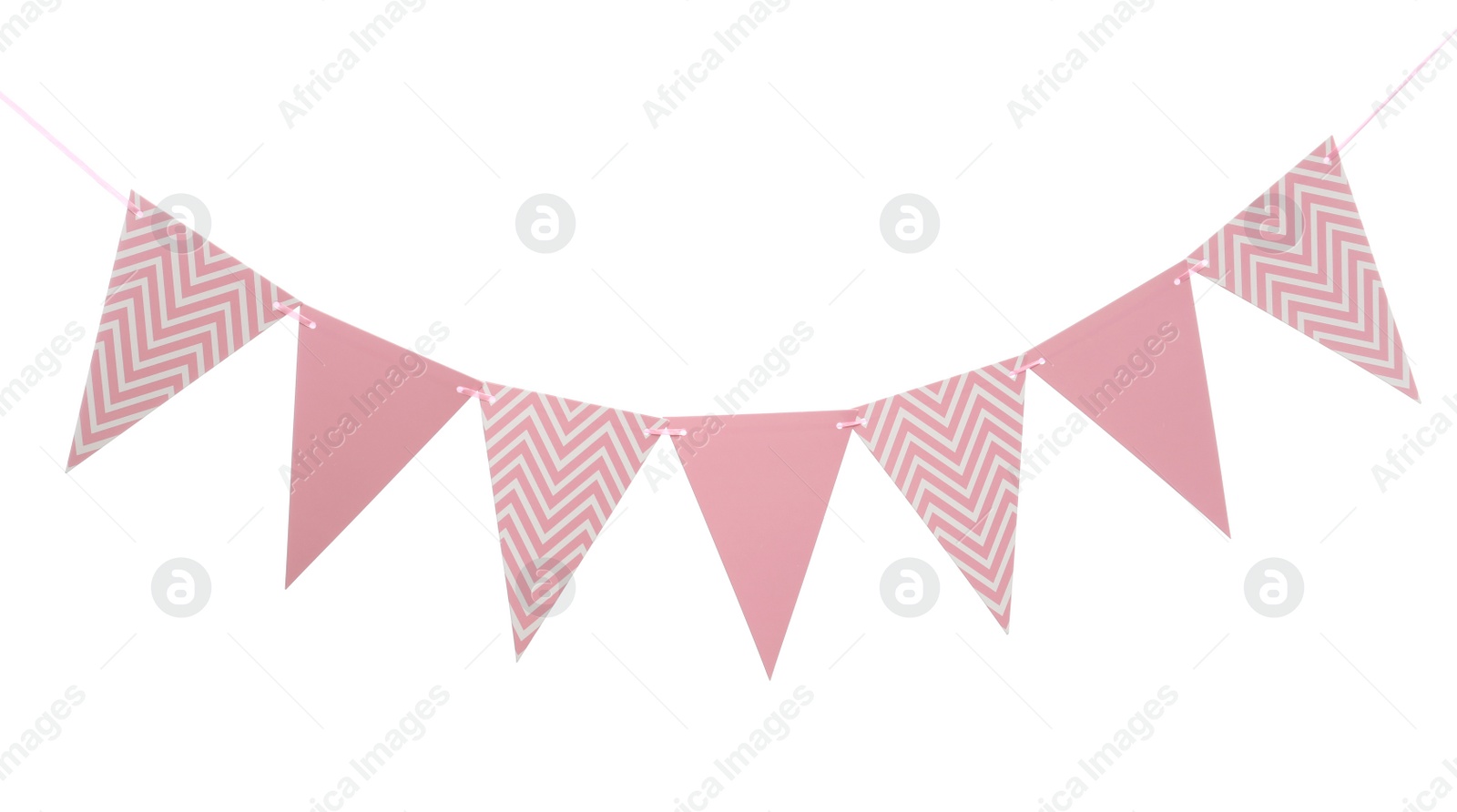 Photo of Triangular bunting flags on white background. Festive decor