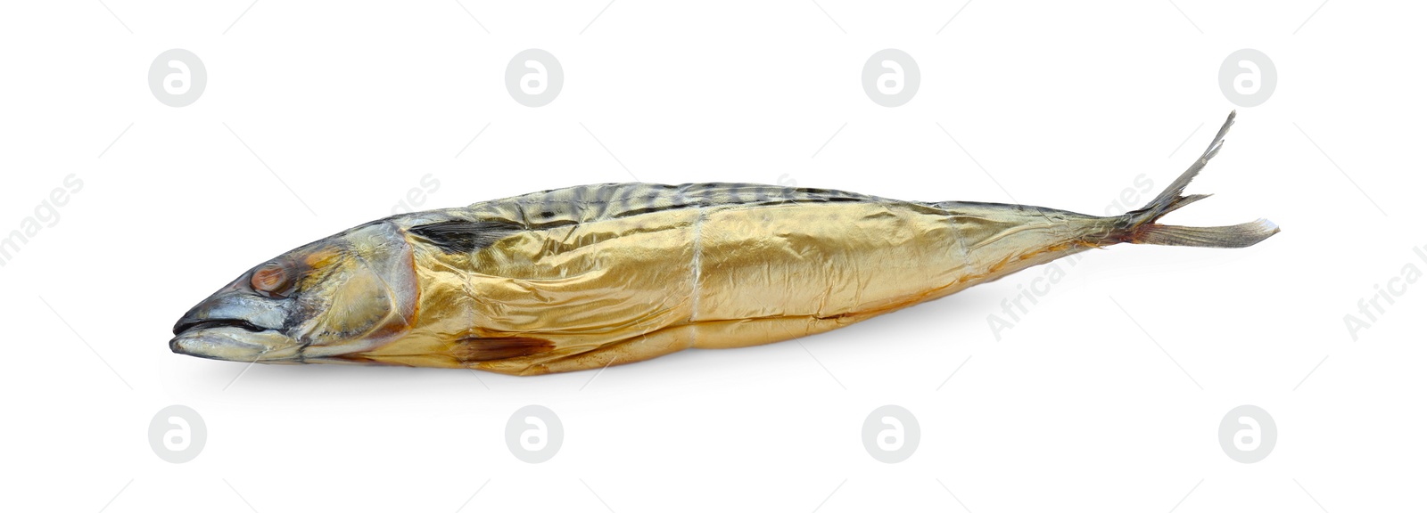 Photo of Delicious smoked mackerel isolated on white.
Seafood product