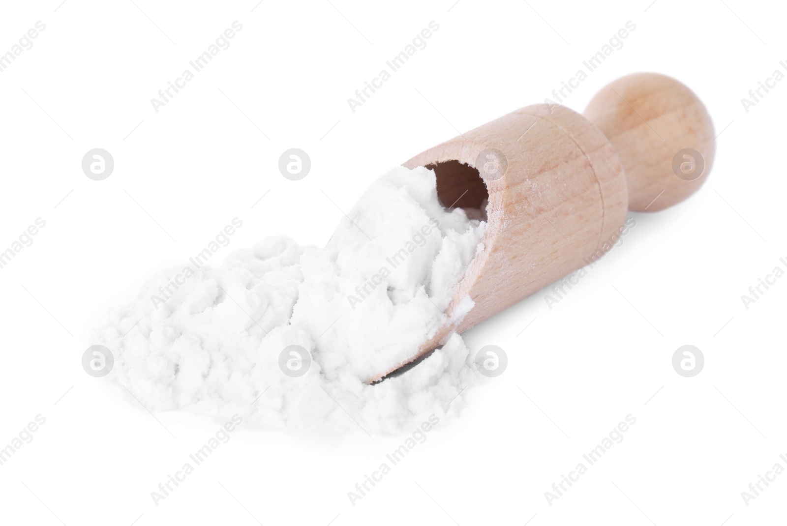 Photo of Wooden scoop with natural starch isolated on white