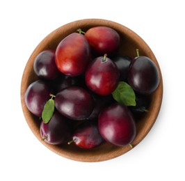 Photo of Bowl of delicious ripe plums on white background, top view