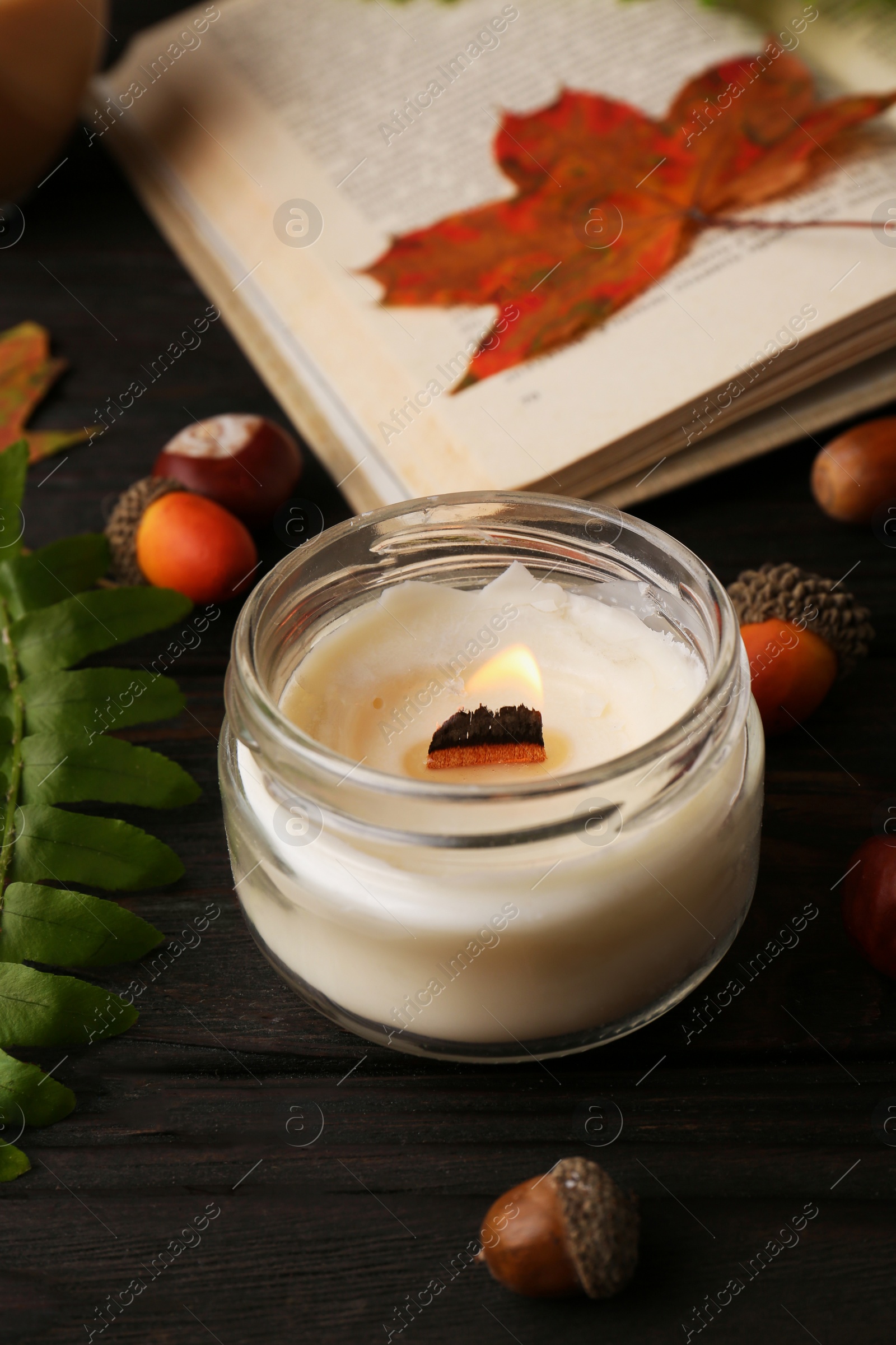 Photo of Burning candle, book and leaves on wooden table