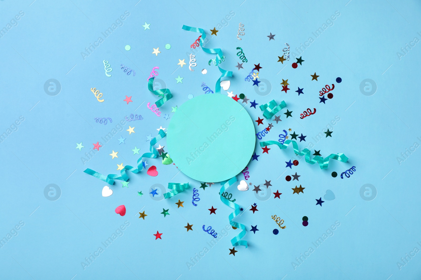 Photo of Flat lay composition with birthday party items on color background