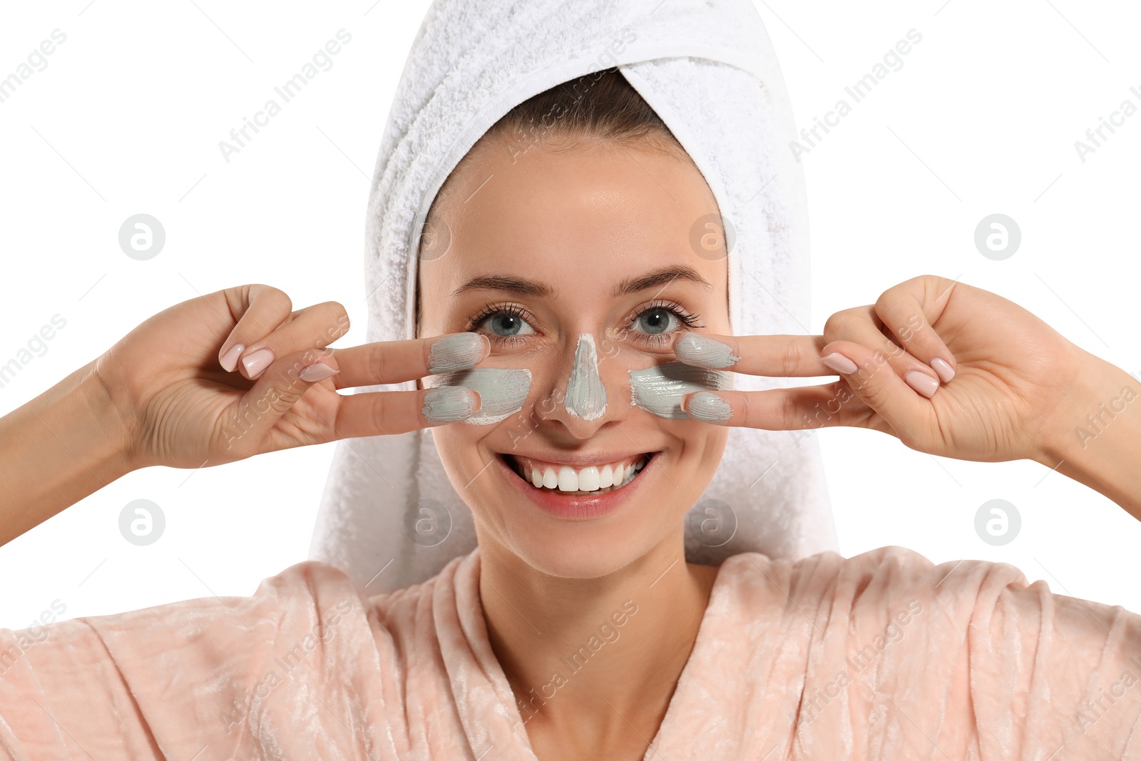 Photo of Woman with face mask on white background. Spa treatments