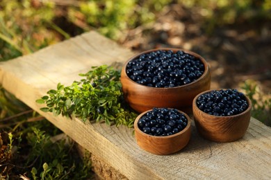 Photo of Delicious bilberries and branch with fresh berries on wooden bench outdoors