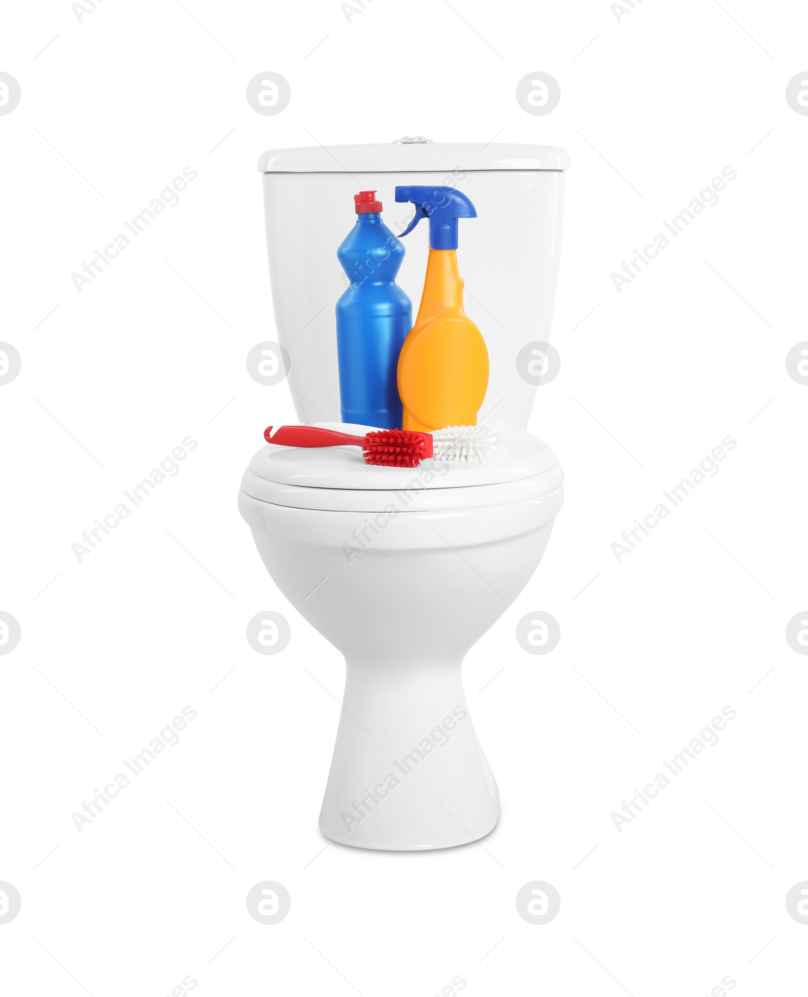 Photo of Toilet bowl and cleaning supplies on white background