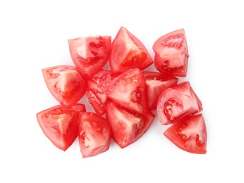 Photo of Pieces of red ripe tomato isolated on white, top view