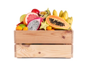 Photo of Wooden crate with different exotic fruits on white background