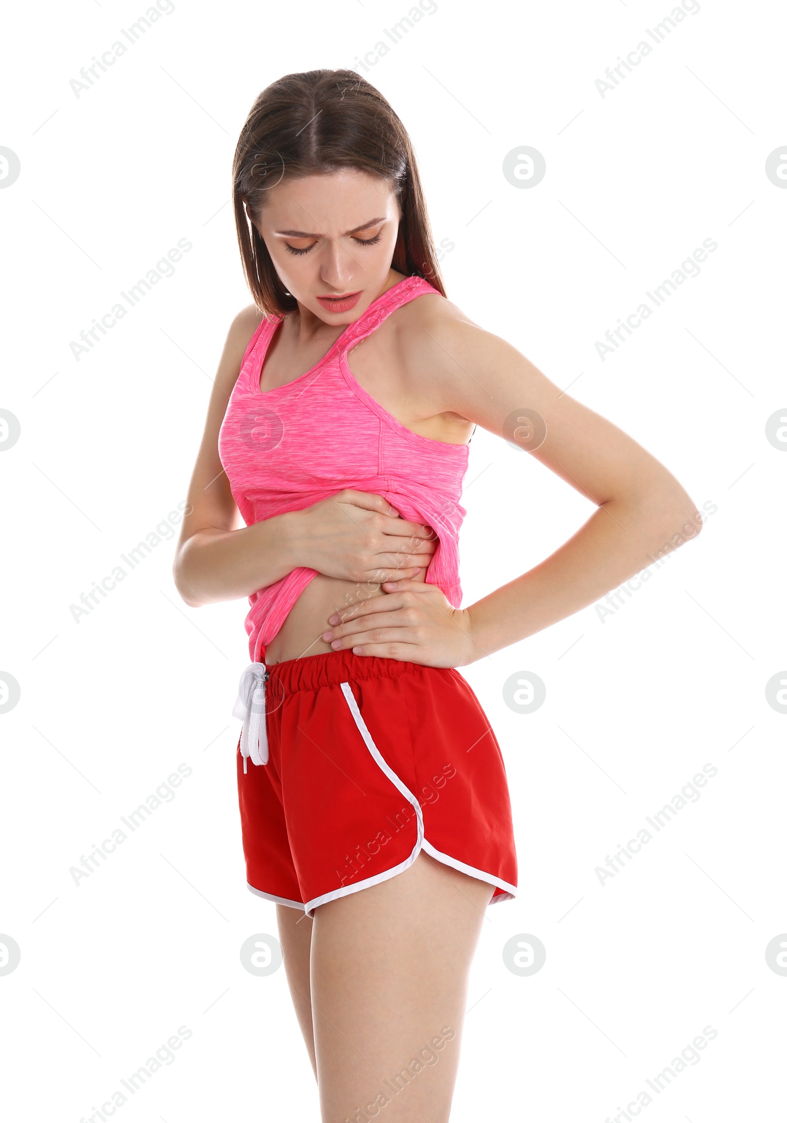 Photo of Woman suffering from pain in left side on white background