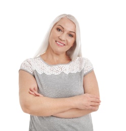 Portrait of mature woman isolated on white