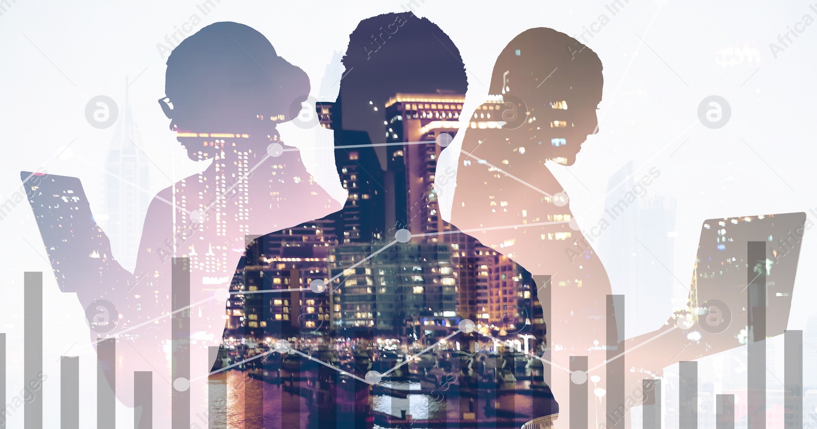 Image of Forex trading. Double exposure of business people and night city