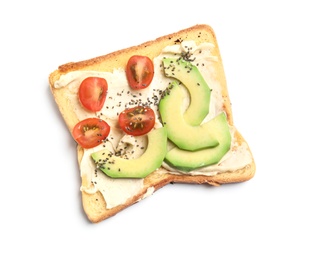Photo of Tasty toast with avocado, cherry tomato and chia seeds on white background, top view