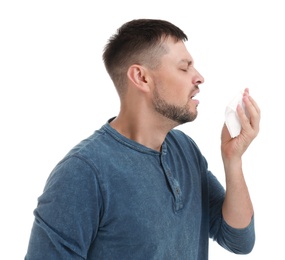 Photo of Man suffering from allergy on white background