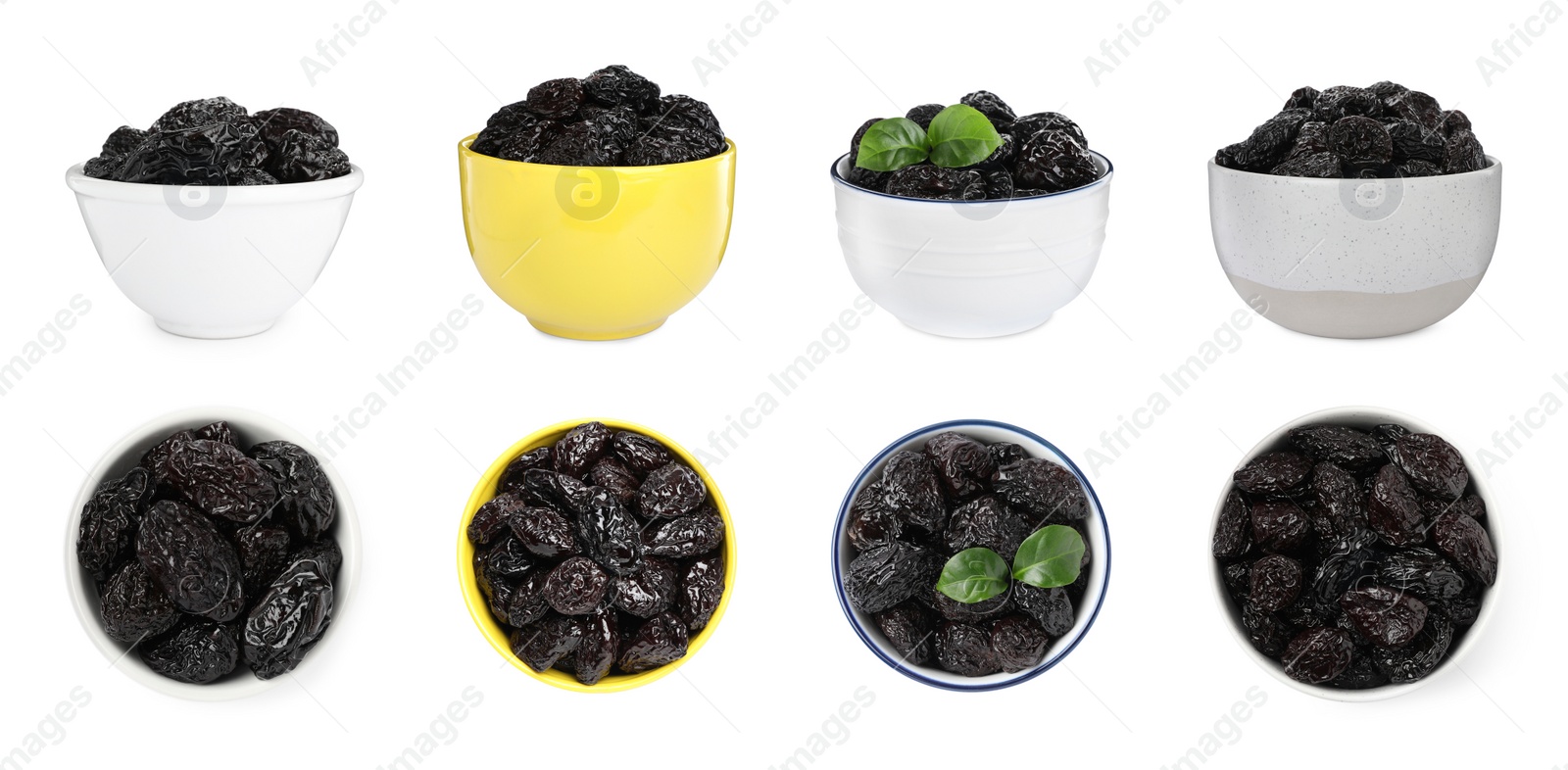 Image of Set with sweet dried prunes on white background. Banner design