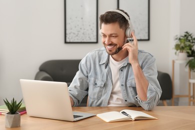 Photo of Man in headphones studying on laptop at home. Online translation course