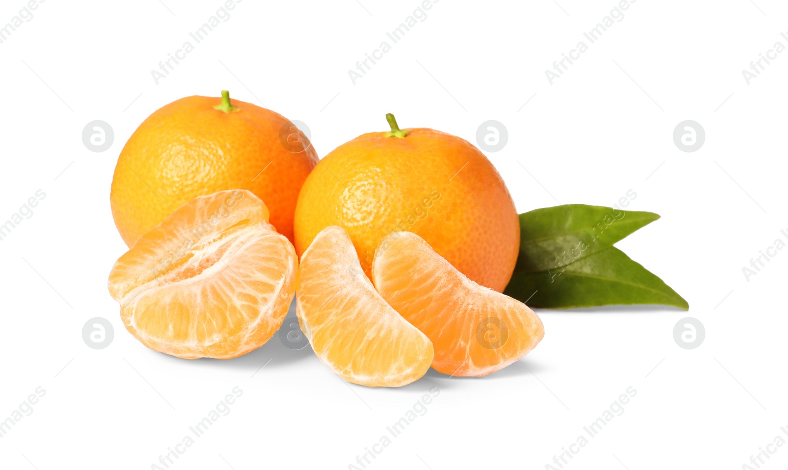 Photo of Fresh ripe juicy tangerines with green leaves isolated on white