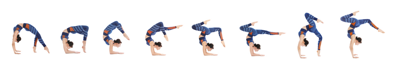 Image of Collage of woman practicing yoga on white background. Banner design