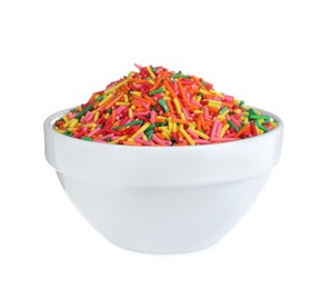 Photo of Colorful sprinkles in bowl on white background. Confectionery decor