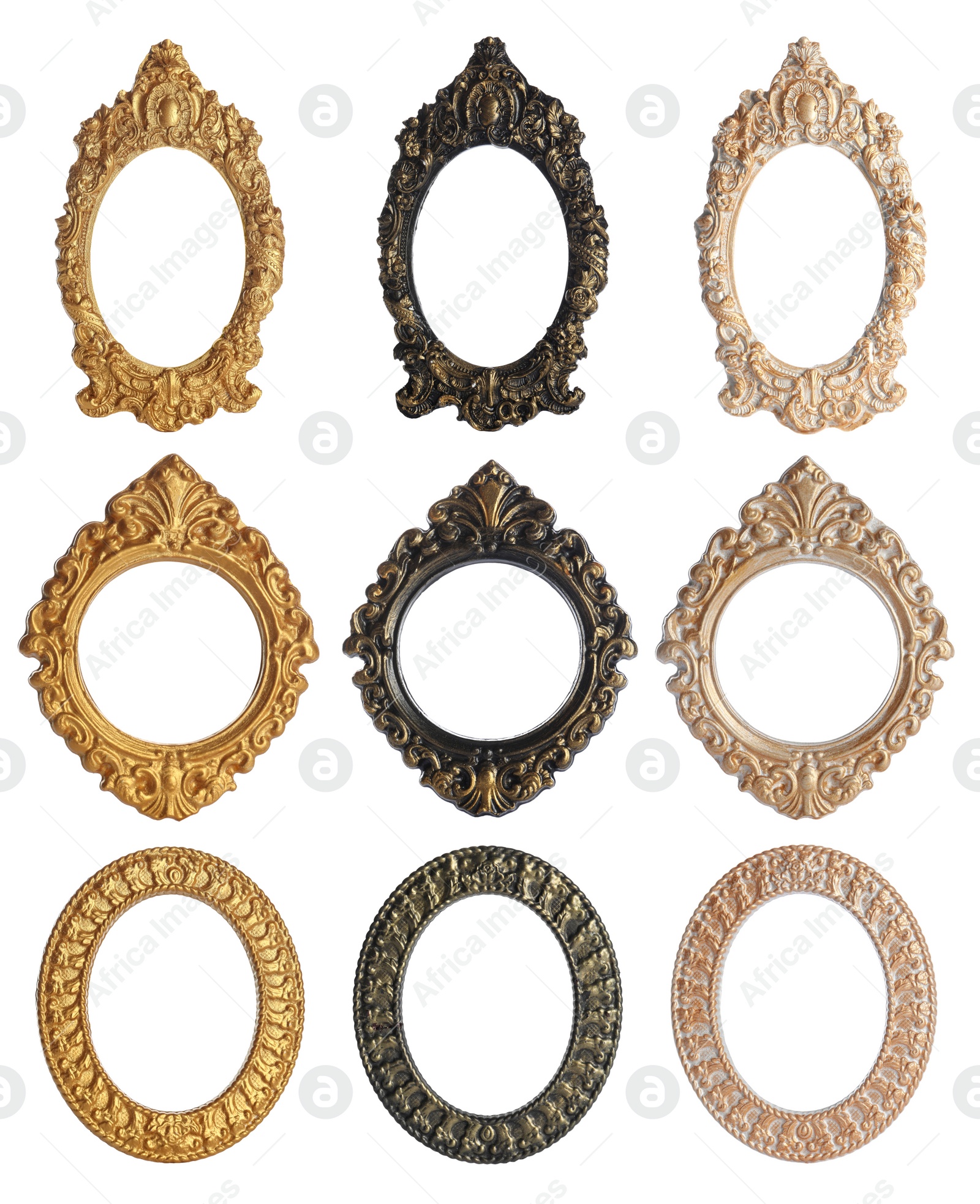 Image of Set of different vintage frames on white background