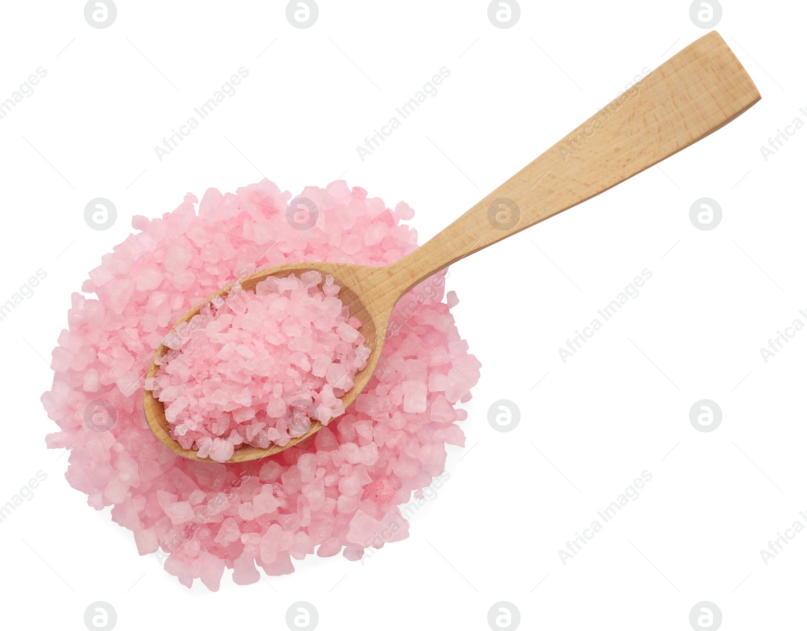 Photo of Pink sea salt and spoon isolated on white, top view