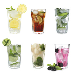 Set with different refreshing cocktails on white background