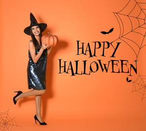 Happy Halloween greeting card design. Beautiful woman wearing witch costume with pumpkin on orange background