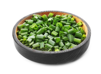 Bowl with chopped green onion on white background