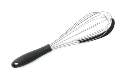 Photo of Metal whisk isolated on white, top view. Kitchen utensil
